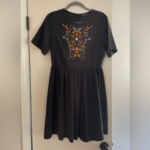 Shein black dress with embroidered floral pattern